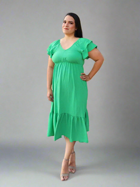 Green Smocked Ruffle hem Midi Dress
