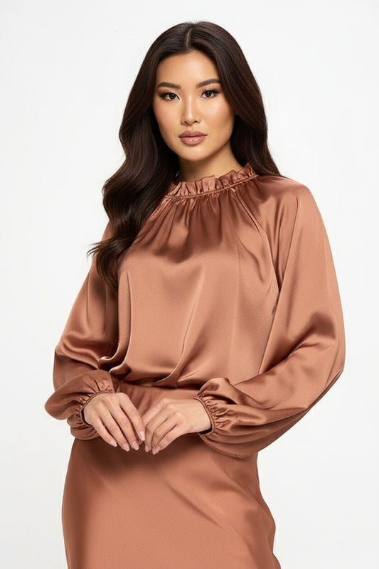 Solid Satin Ruffle Mock Neck Top