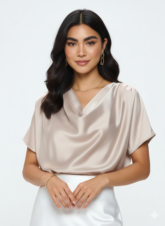 Satin Cowl Neck Short Sleeve Top