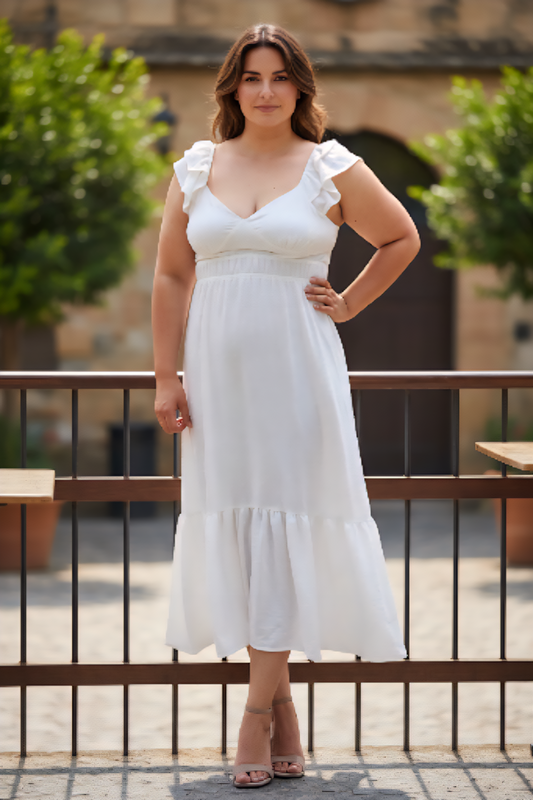 Vestido midi con dobladillo fruncido y volantes en blanco marfil