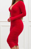 Red Ruched Deep V Midi Dress