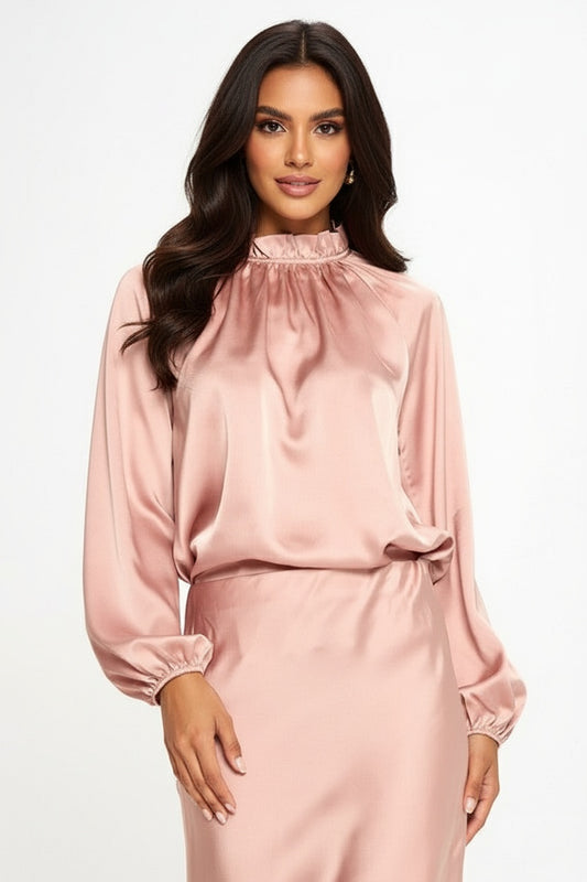 Solid Satin Ruffle Mock Neck Top