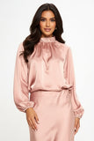 Solid Satin Ruffle Mock Neck Top