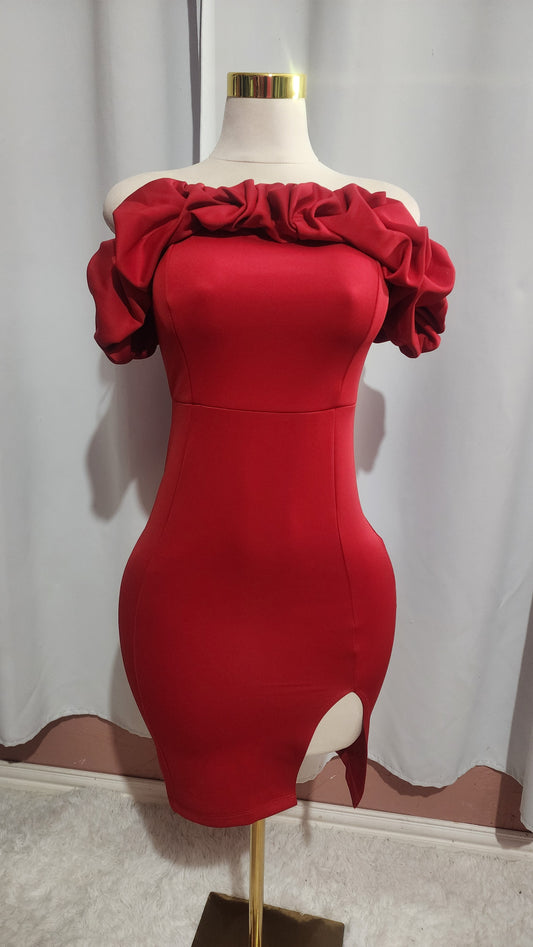 Red Ruffled Off the Shoulder Midi Dress