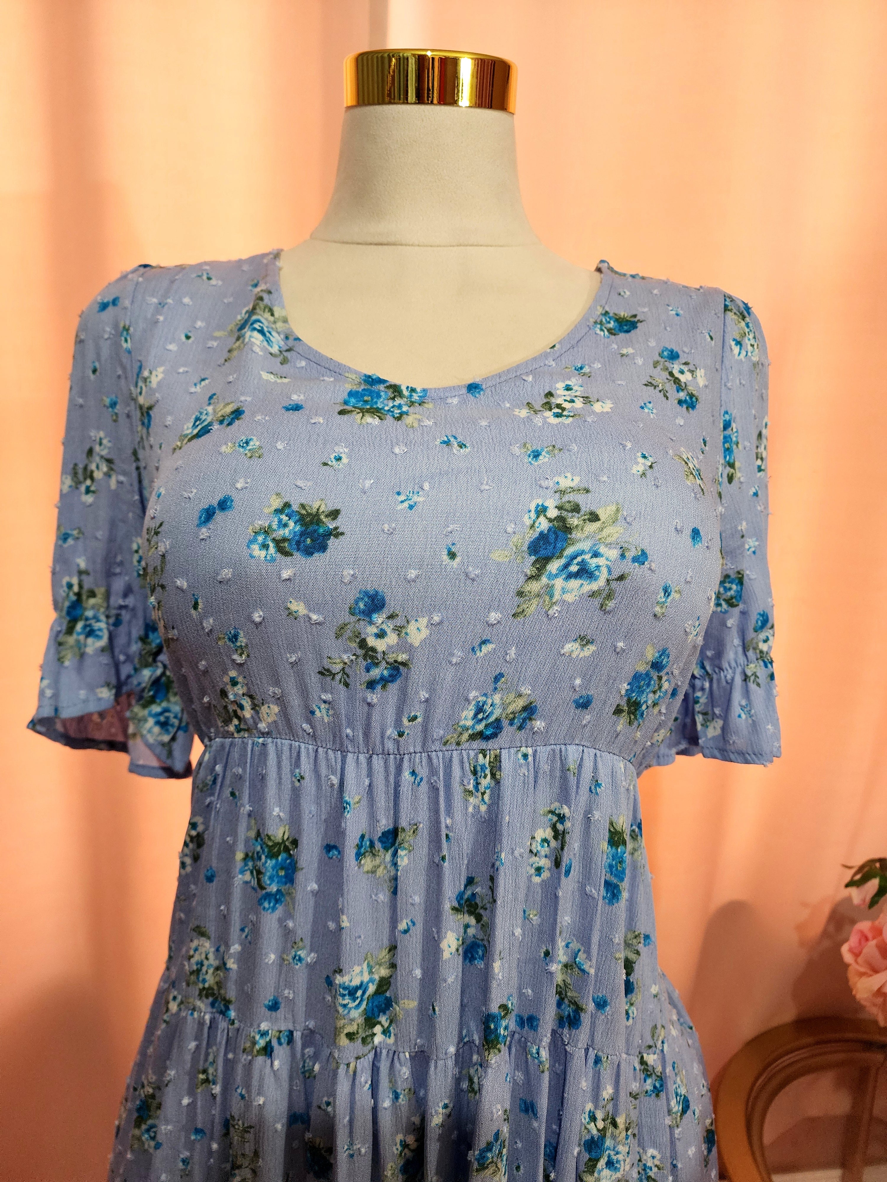 Blue Tiered Floral V Neck Dress