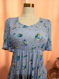 Blue Tiered Floral V Neck Dress