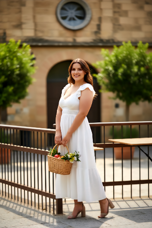 Vestido midi con dobladillo fruncido y volantes en blanco marfil