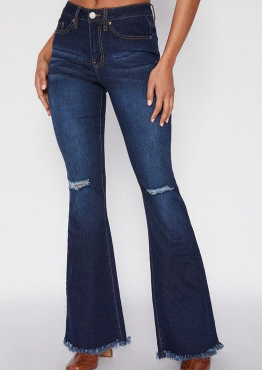 Flared Jeans High-Rise Tall girl friendly 34 inseam Dark blue