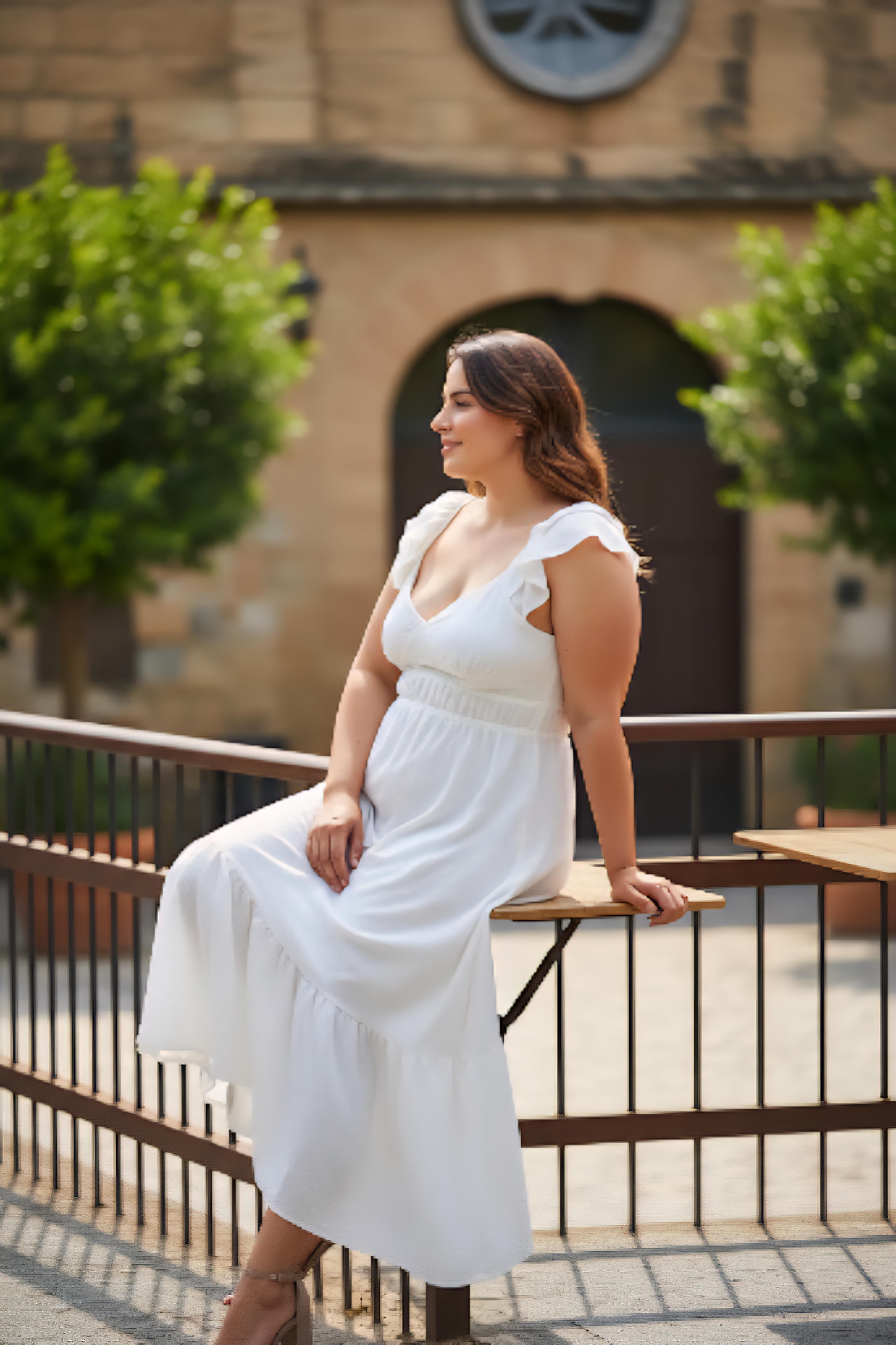 Vestido midi con dobladillo fruncido y volantes en blanco marfil