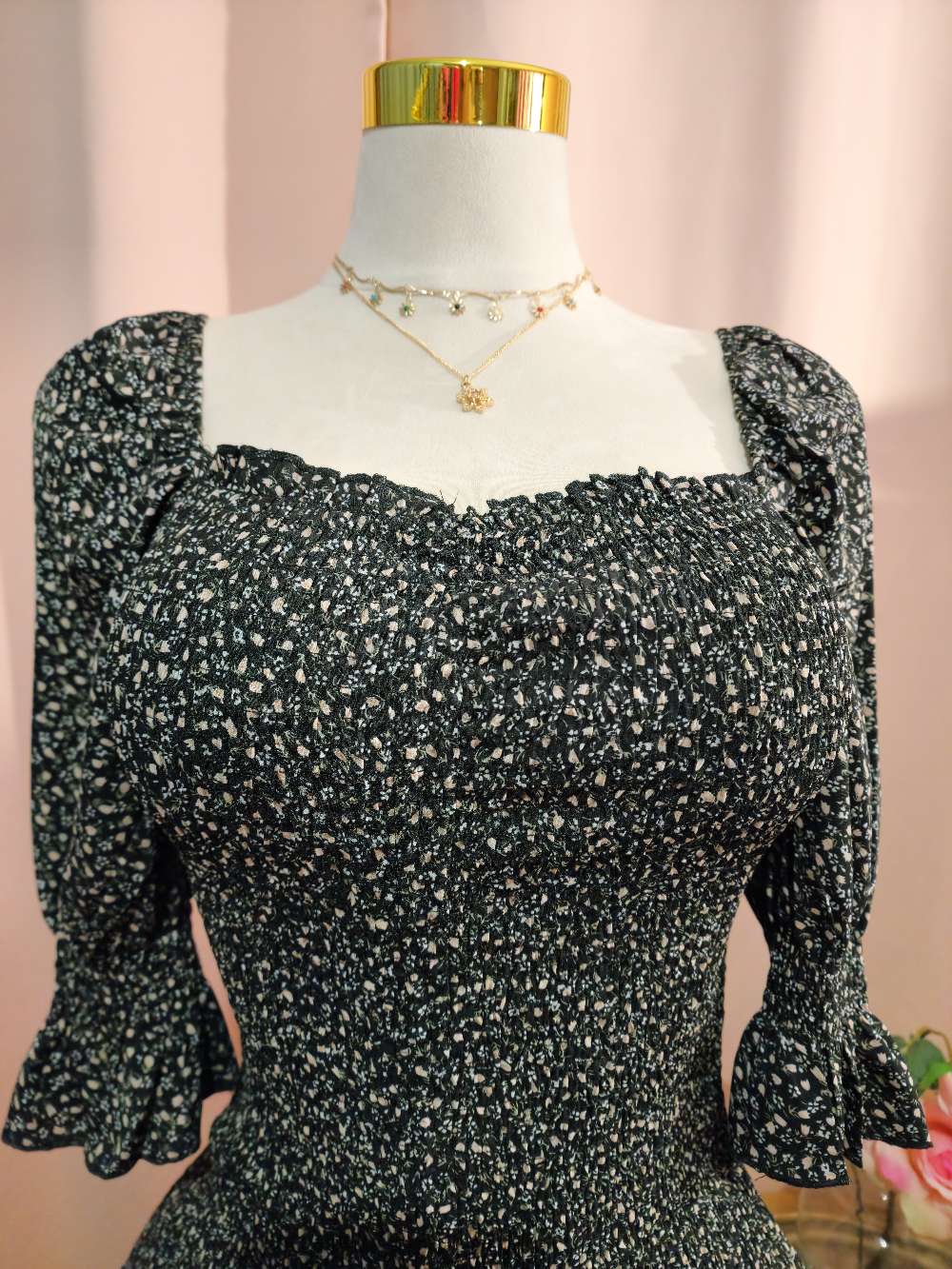 Black Floral Smocked Off Shoulder Dress