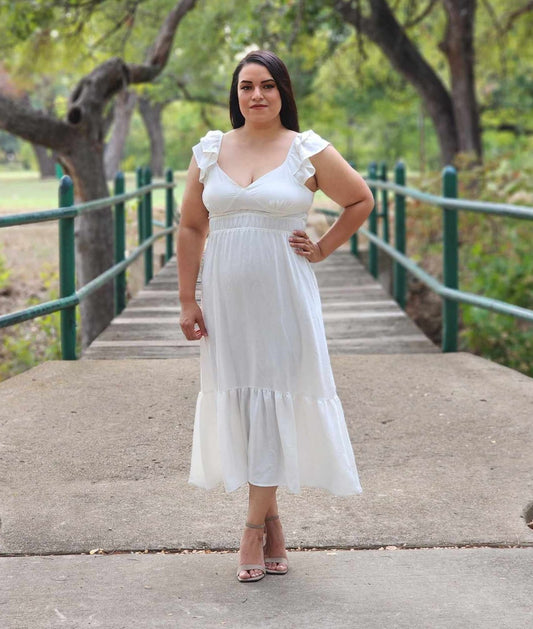 Ivory White Smocked Ruffle hem Midi Dress