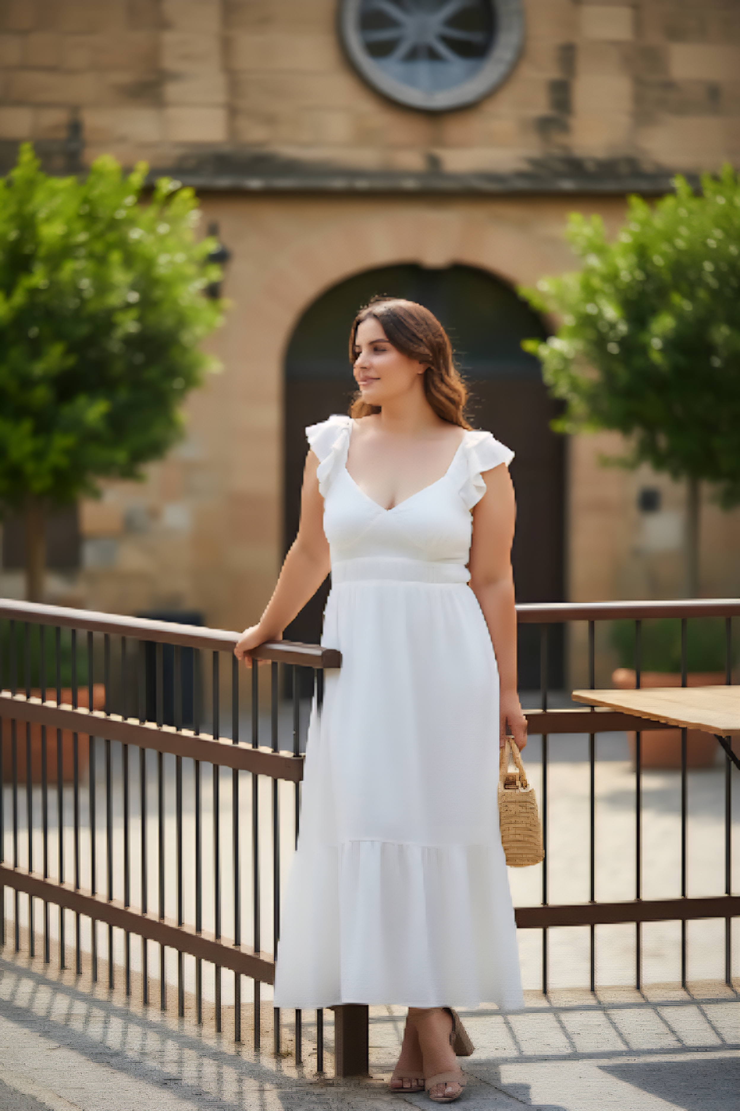 Vestido midi con dobladillo fruncido y volantes en blanco marfil