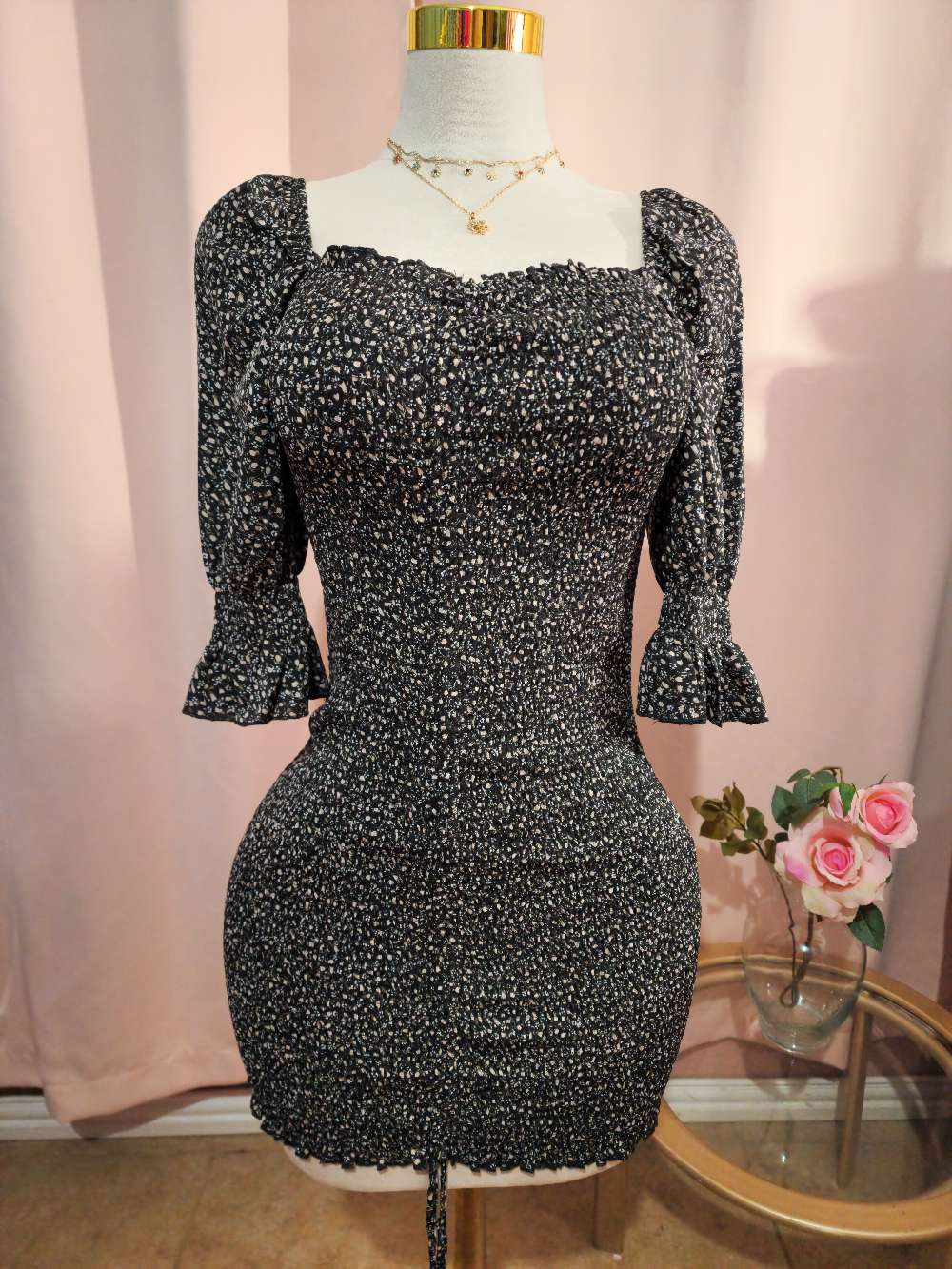 Black Floral Smocked Off Shoulder Dress