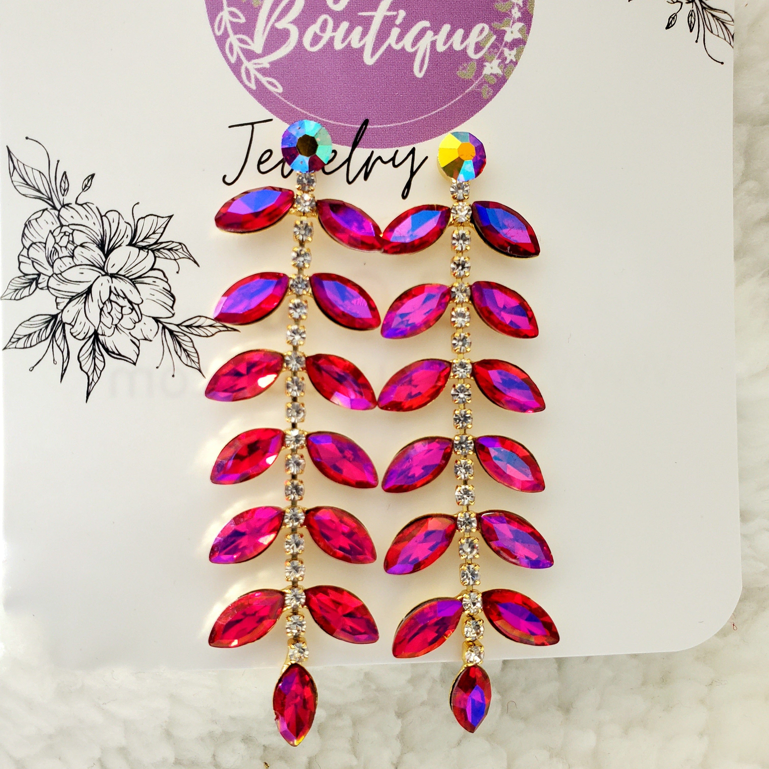 YD Boutique Earrings Fuschia Rhinestone Leaf Shape Earrings