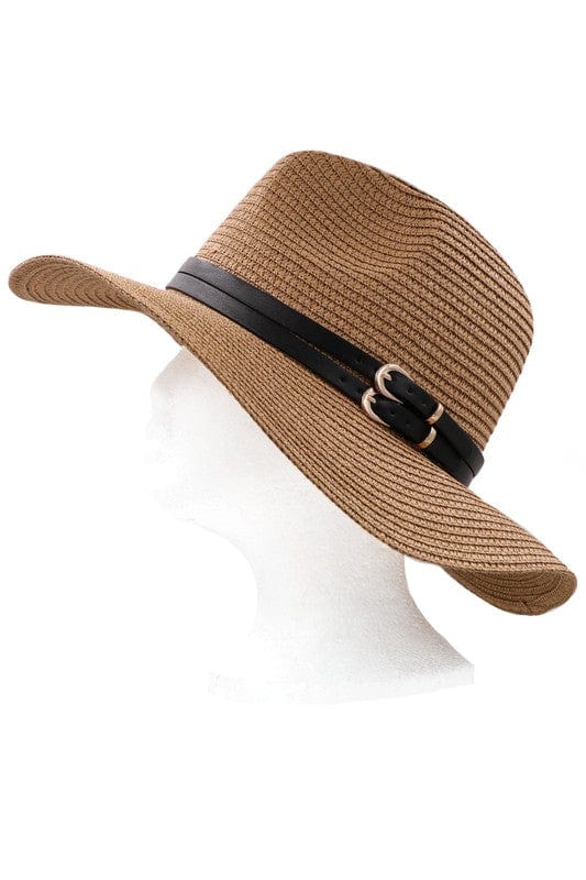 YD Boutique Hats Tan Double Mini Buckle Summer Fedora Hat