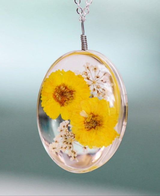 YD Boutique Necklaces Yellow 2 flowers Real Dried Flower Botanical Blown Glass Necklace
