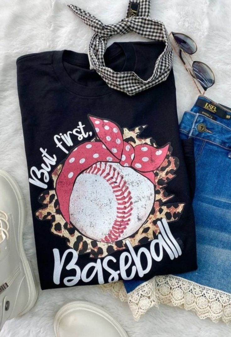 YD Boutique Shirts & Tops M But first baseball Graphic Tee