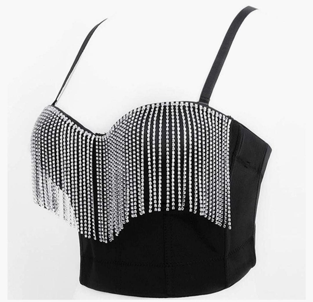 Black Rhinestone Fringe Corset Bustier Top