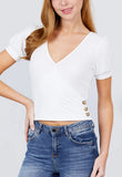 Short Puff Sleeve Surplice Neckline W/side Button Detail Rib Knit Top 