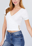 Short Puff Sleeve Surplice Neckline W/side Button Detail Rib Knit Top