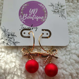 YD Boutique Earrings Round Red Ball with Rhinestone ribbon Earing