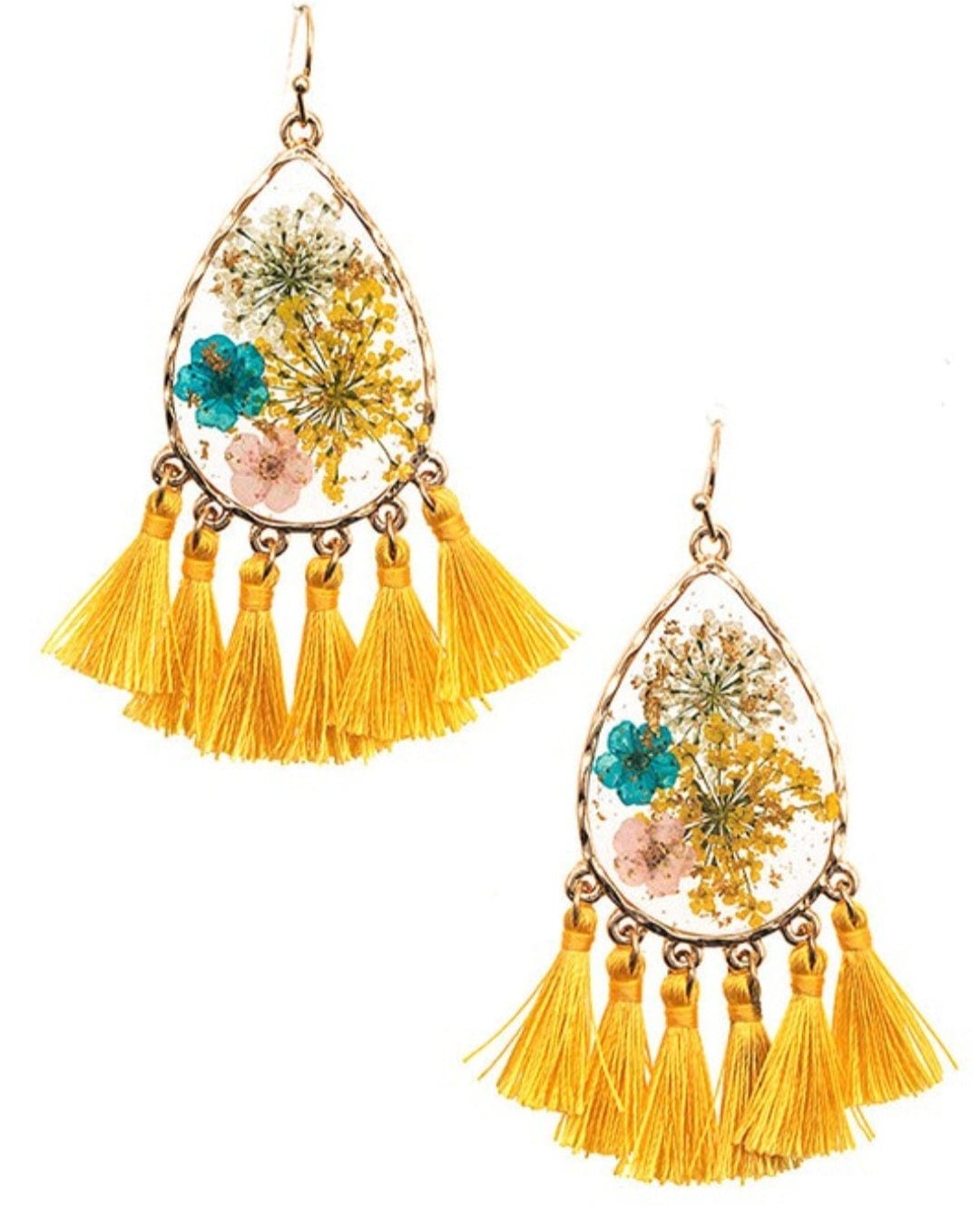 YD Boutique LLC Earrings Yellow Floral Resin Teardrop Tassel Earring