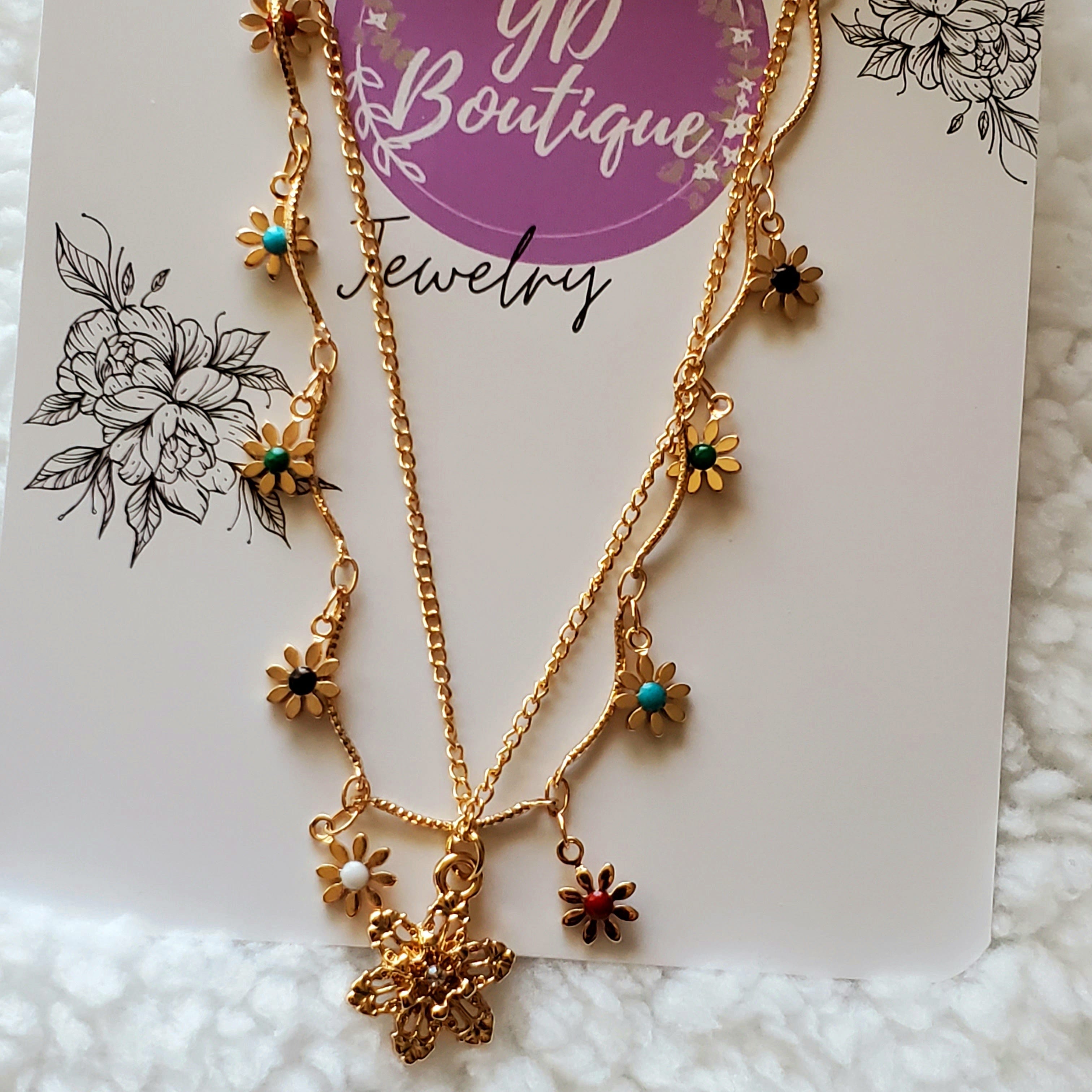 YD Boutique Necklaces Epoxy Flower with Flower Pendant Layer Necklace.